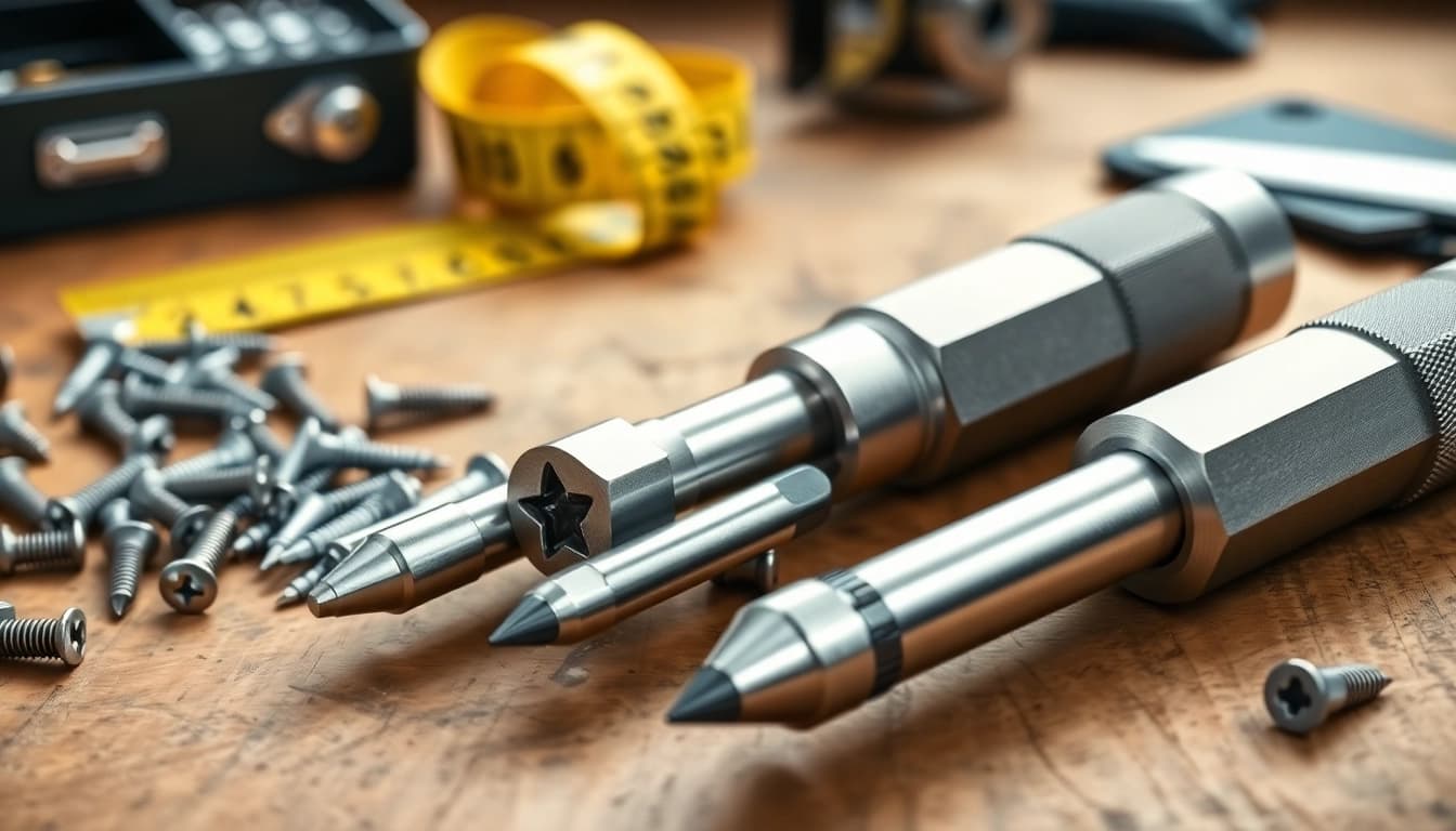 Set di cacciaviti torx con strumenti di precisione e viti su un tavolo di legno.