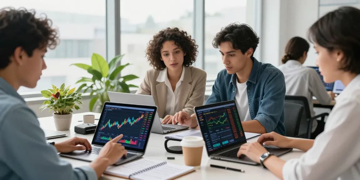 Investors discussing ETF strategies in a bright modern office setup with charts and digital devices.