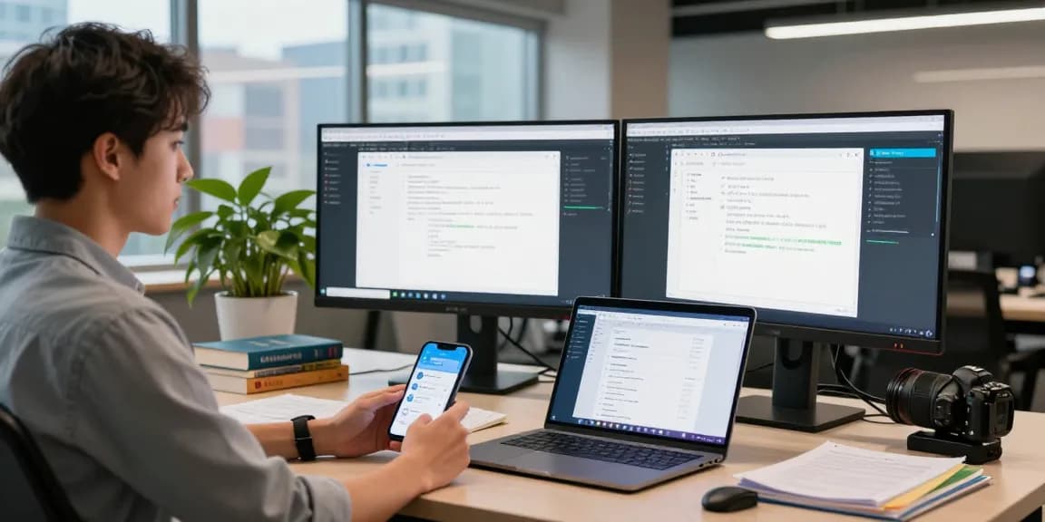 Seamless workspace showing Telegram Web Version mobile notifications and testing interface, highlighting productivity.