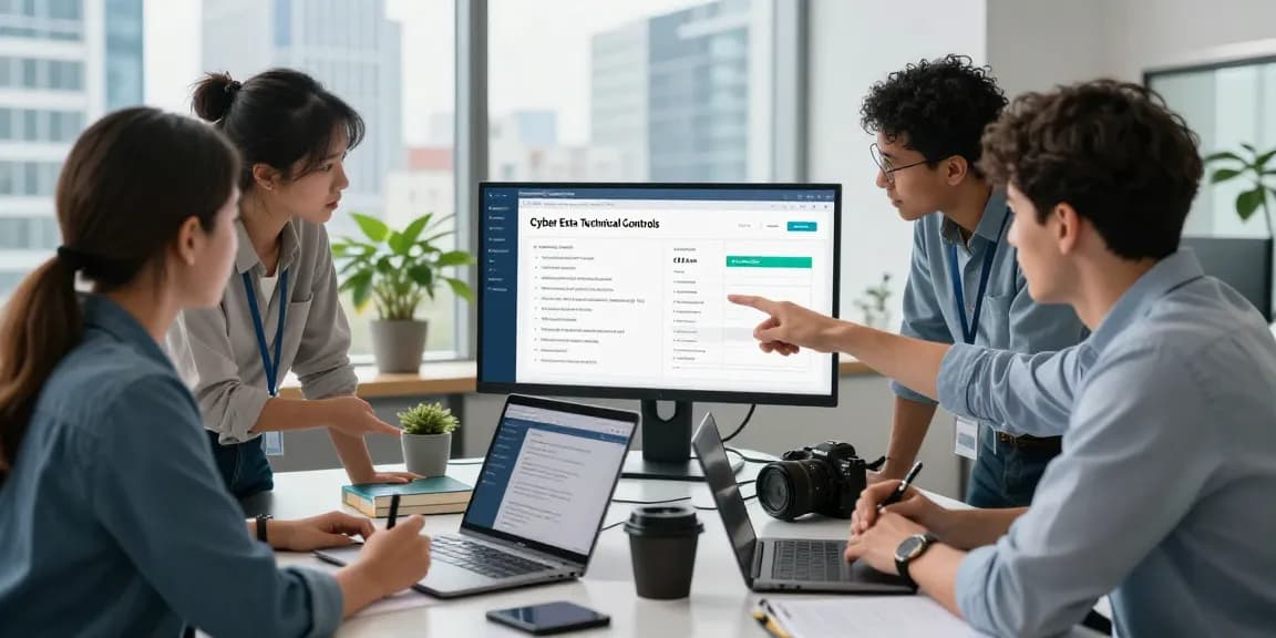 Team analyzing cyber essentials checklist in modern office setting, showcasing cybersecurity controls and collaboration.