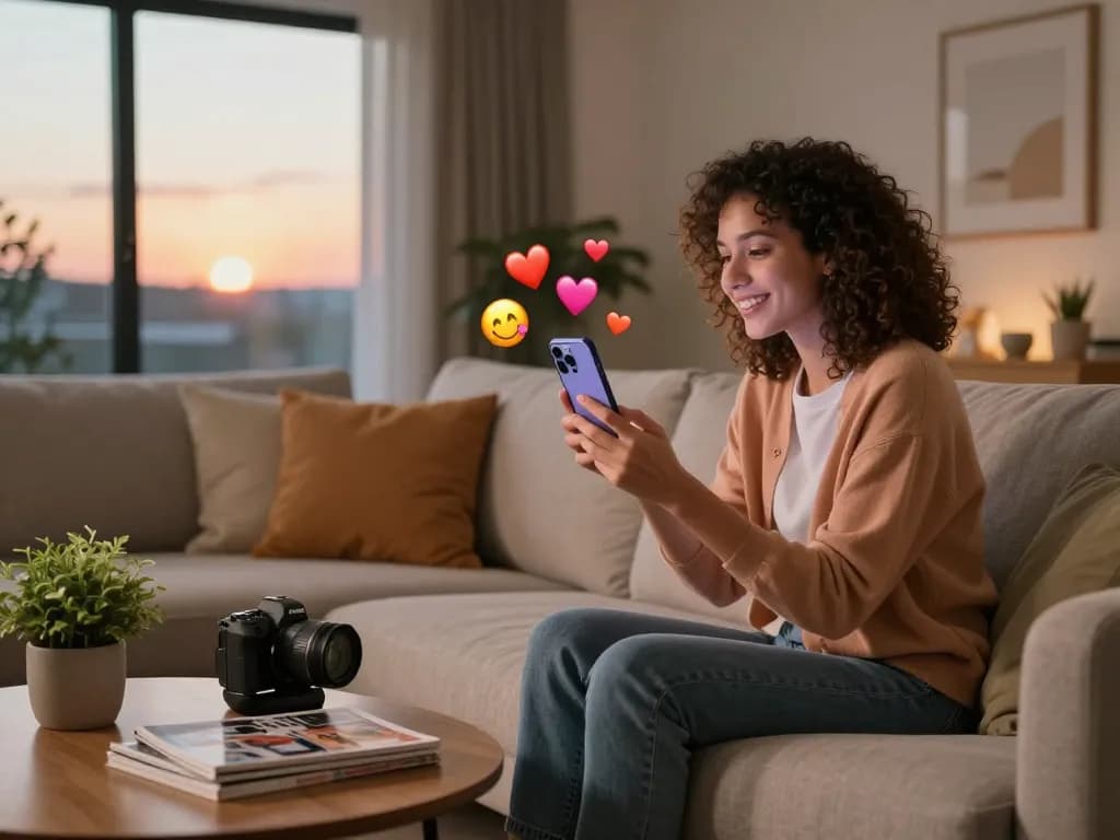 Engaging chat on smartphone with crush on AI character in a cozy living room