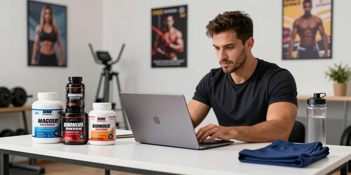 Steroide Boutique - Fitness enthusiast shopping for anabolic steroids in a modern gym setting.