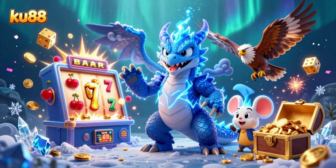 Experience thrilling games with ku88 in this vibrant 3D casino scene featuring dynamic characters and rich visuals.