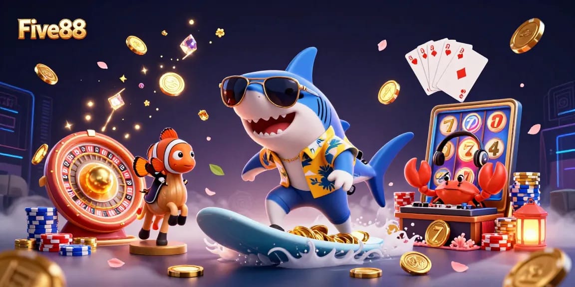 Experience exciting wins with Five88's vibrant 3D casino scene featuring a hammer-head shark.