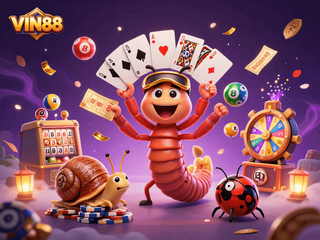 Experience the dynamic gameplay at VIN88 with colorful lottery balls and engaging character interactions.