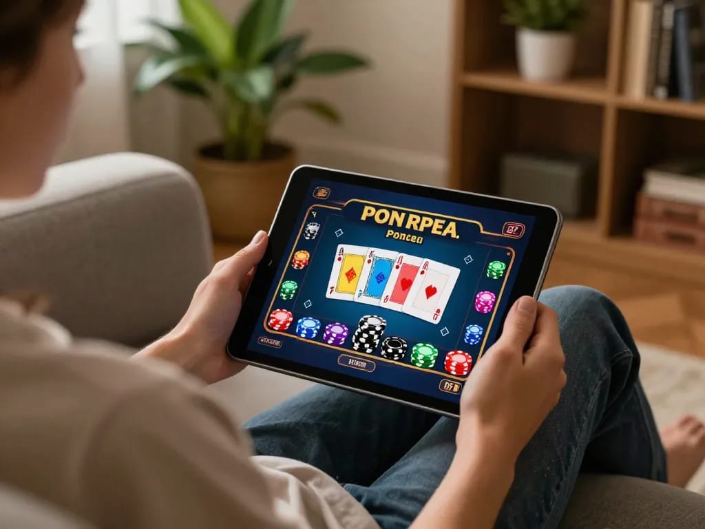 Engaged player enjoying P3 casino games on a tablet in a cozy home setting.