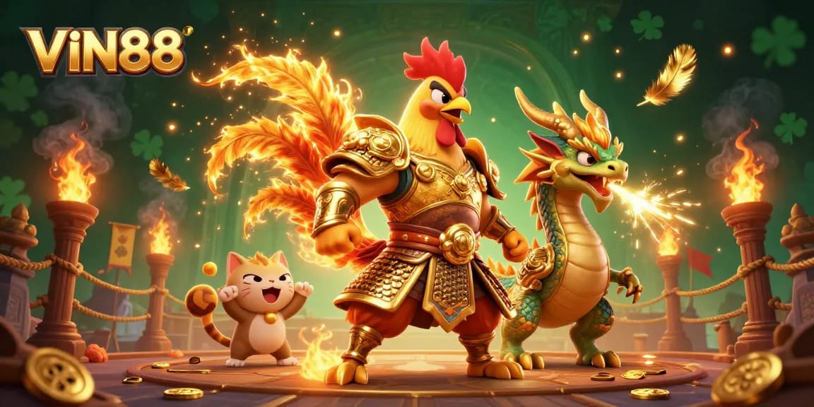 Experience thrilling gameplay with VIN88, featuring an epic rooster warrior and dragon hatchling in a vibrant casino scene.