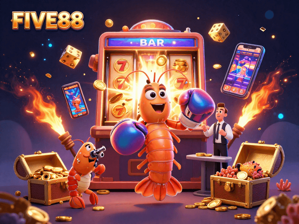Engage with FIVE88 as cartoon crustaceans host a vibrant casino showdown full of slots and treasure.