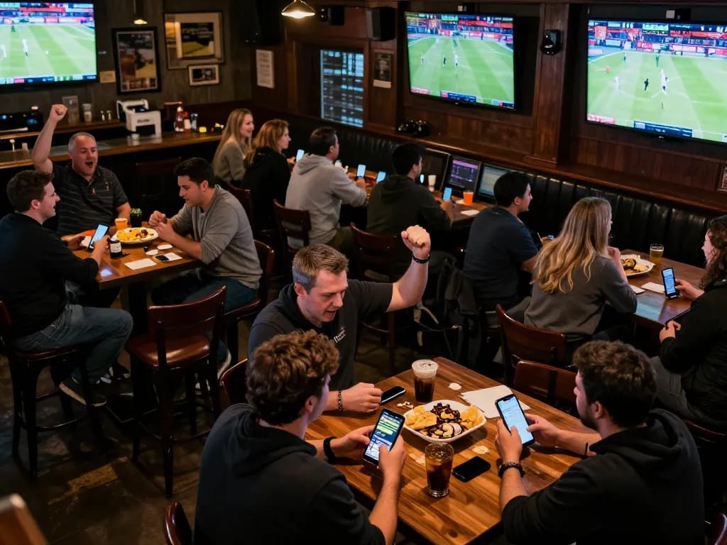 Sports enthusiasts placing bets on net88 while celebrating live game action at a vibrant sports bar.