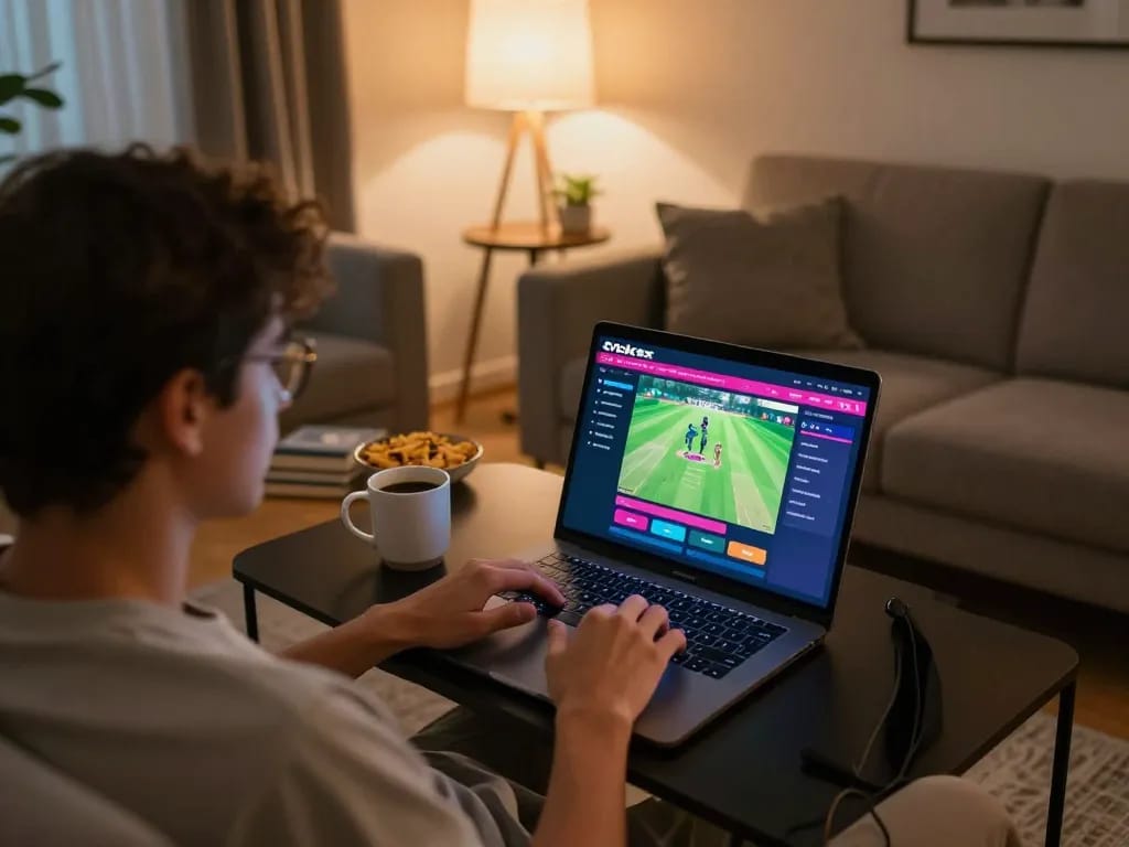 Crickex player engaged in online betting from home, showing vibrant betting interface and cozy atmosphere.