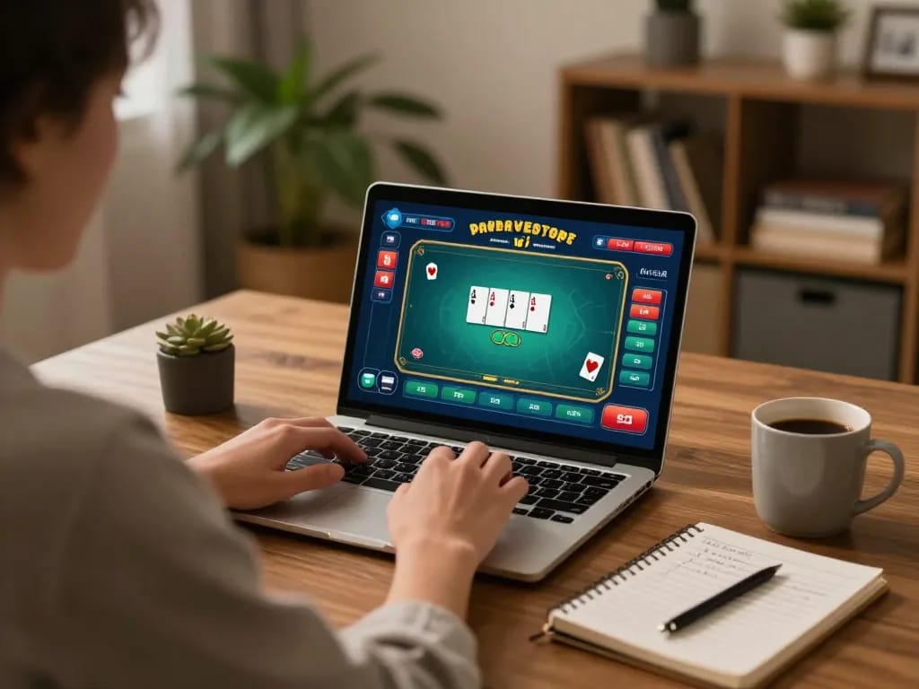 Online poker gameplay at home showcasing one88h interface with cozy atmosphere and strategic notes.