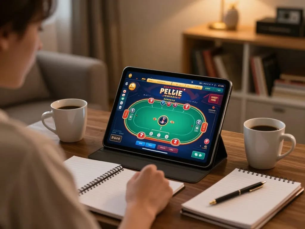 A player engaging with NHÀ CÁI KKWIN on a tablet, showcasing an online poker game at home.