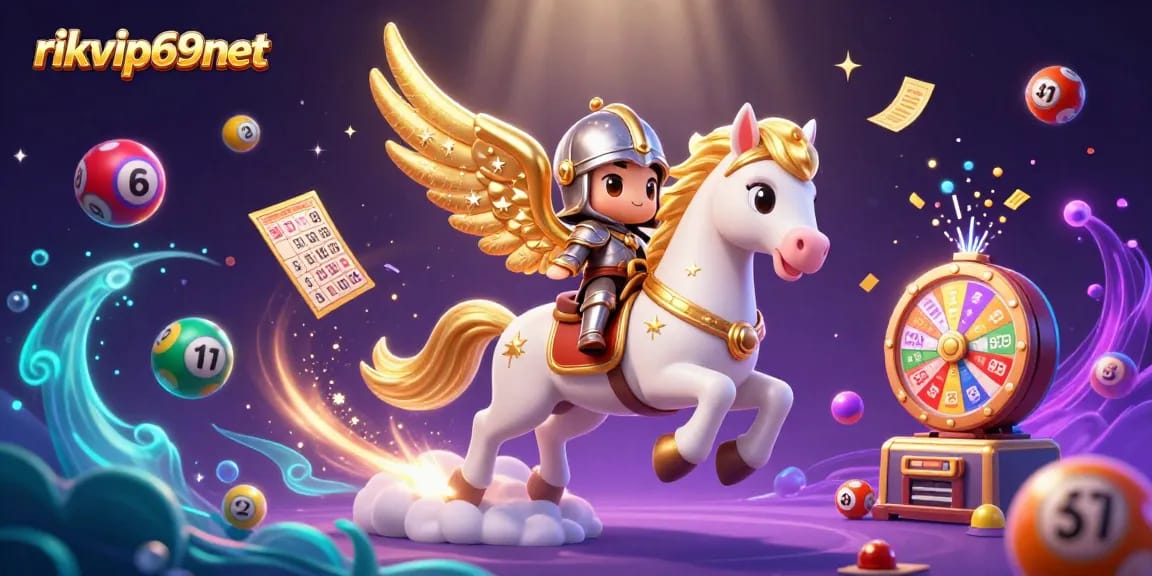 Experience the excitement of rikvip69net with a dynamic lottery scene featuring a magical horse.