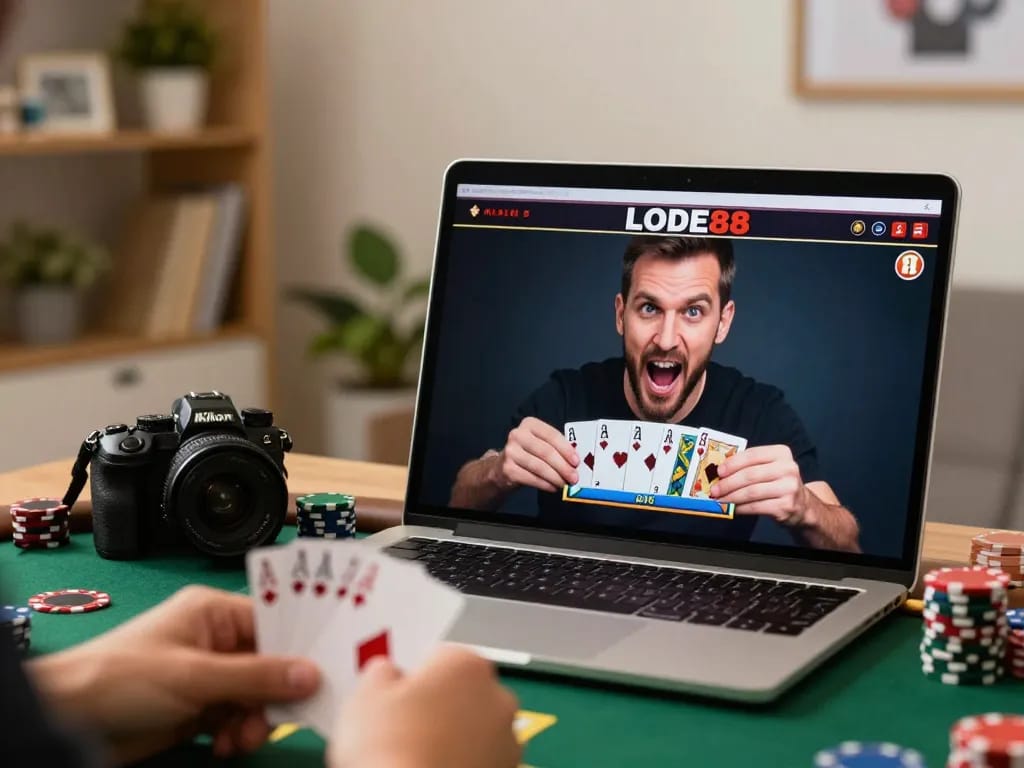 Player strategizing in a LODE88 online poker game, showcasing an engaging home setup.