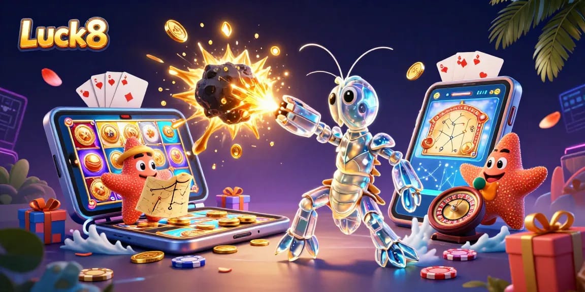 Luck8 players enjoying a dynamic slot game experience in a vibrant, immersive casino environment.