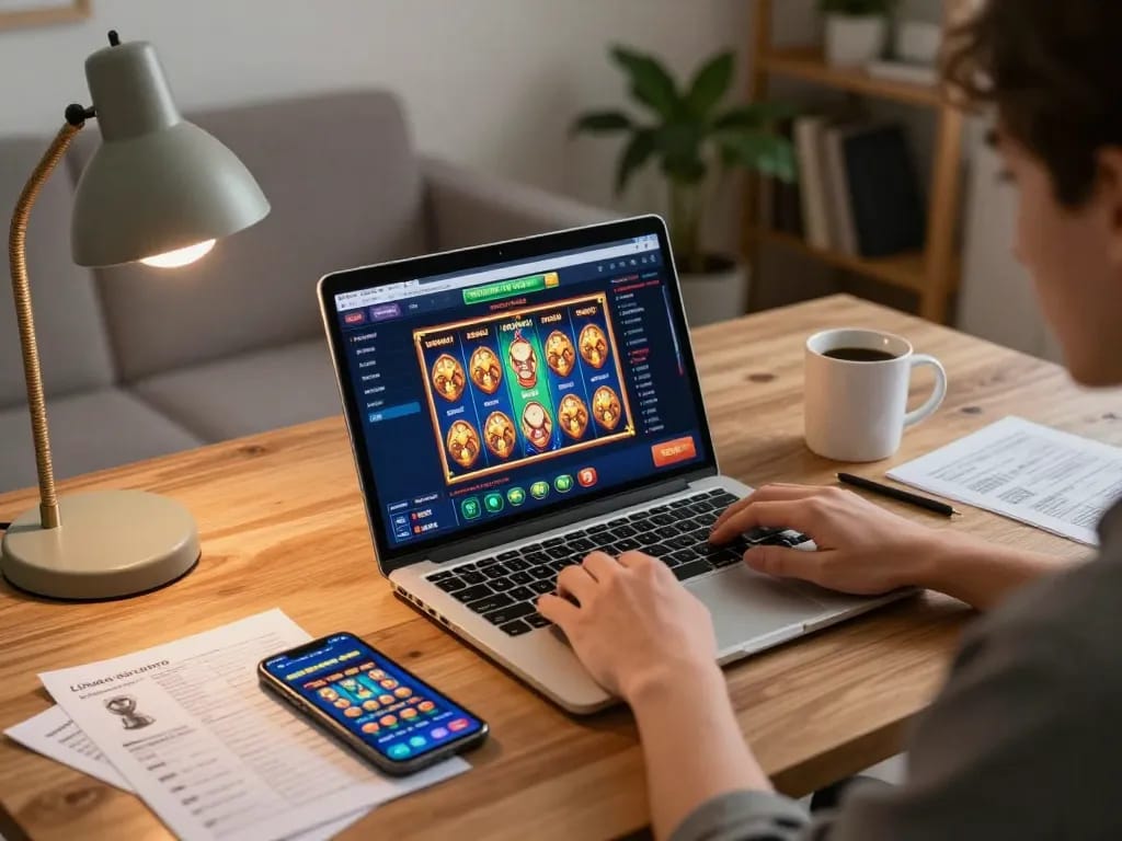 Player engaging with lc88 com on a laptop, displaying vibrant slot game graphics in a cozy home environment.
