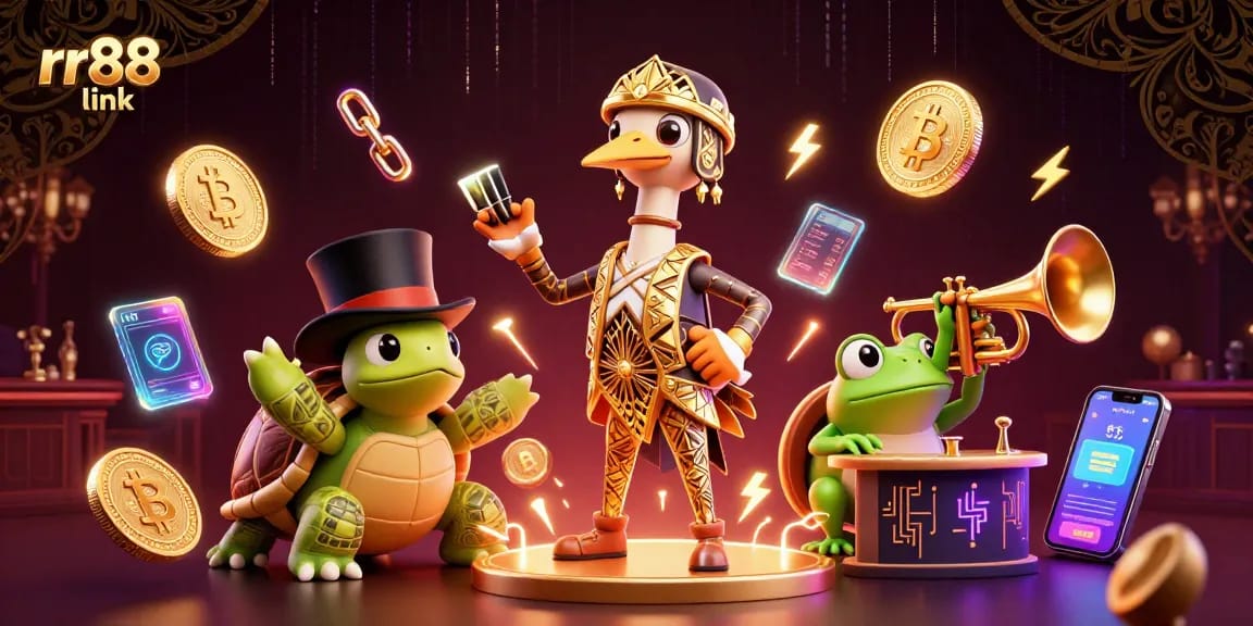 Play and win at RR88 link, featuring dynamic casino fun with vibrant characters and crypto elements.