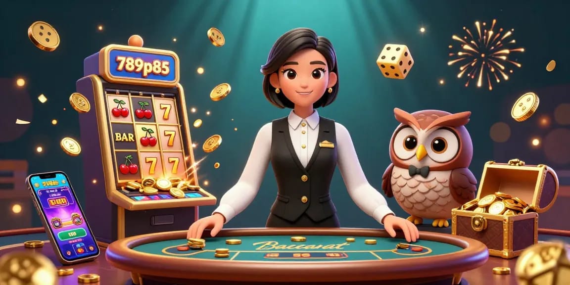 Engage with exciting gaming moments at 789p85, featuring a lively baccarat scene and thrilling slot machines.