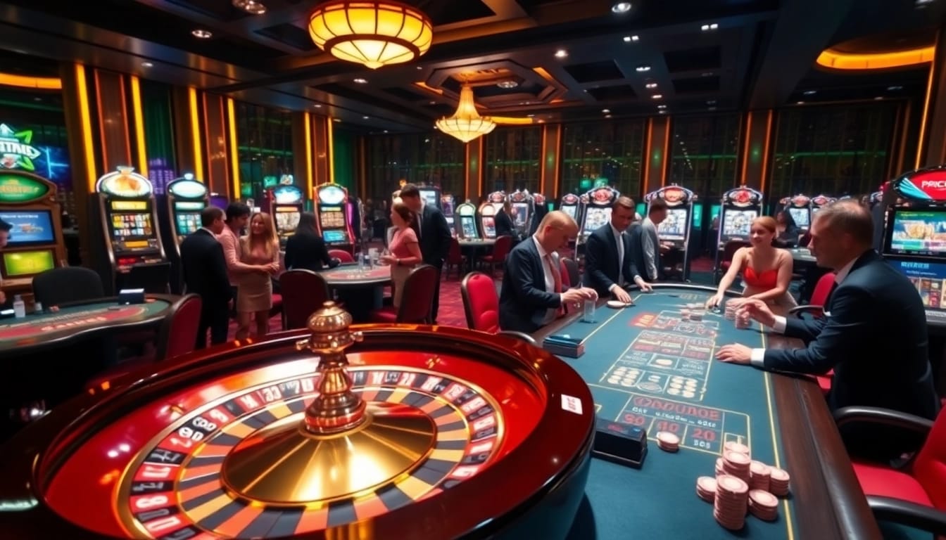 Players engaging in exciting games at nhà cái fun88 casino, showcasing vibrant tables and roaring slot machines.