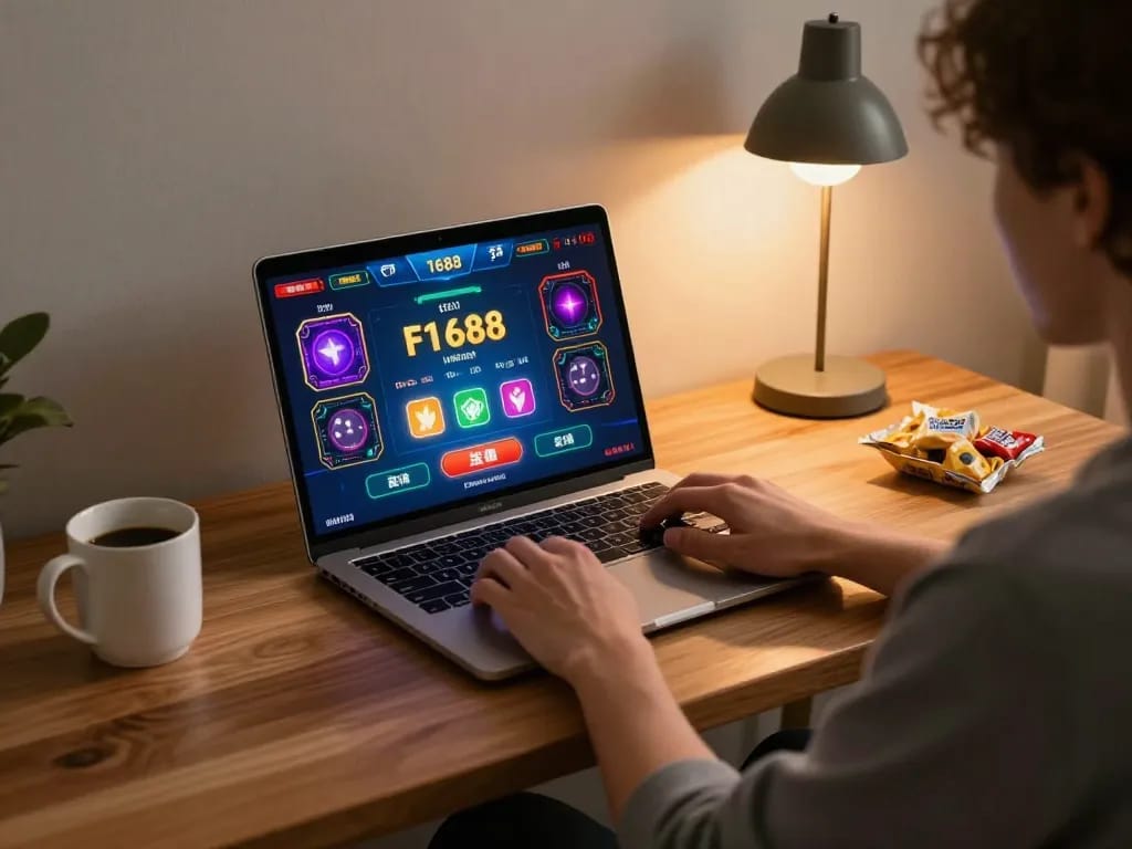 Engaged player focusing on f1688 online gaming interface at home.