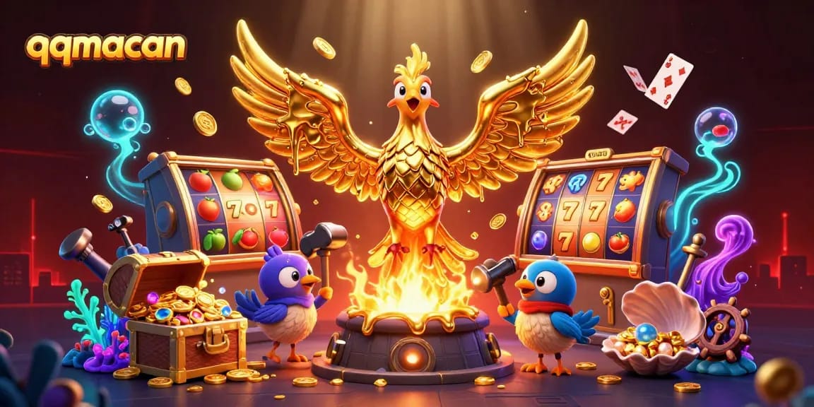 Join the thrilling qqmacan experience featuring golden phoenix, slot reels, and a treasure chest exploding with gems!