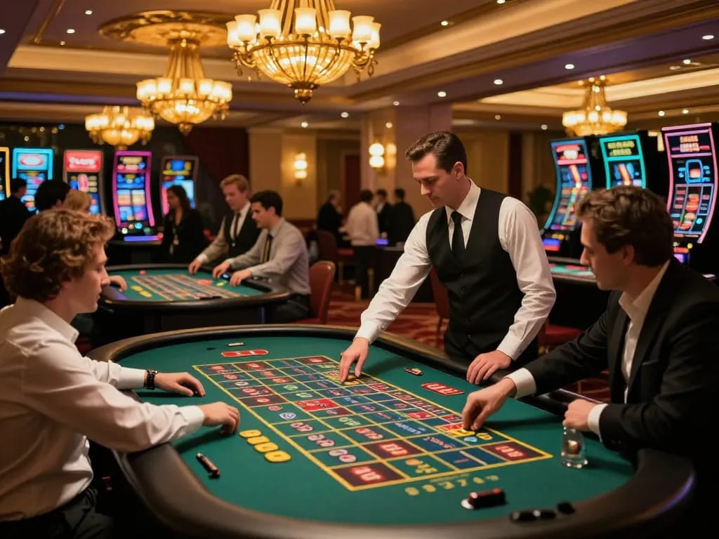 Players engaging with keo nha cai at lively roulette tables in a vibrant casino atmosphere.