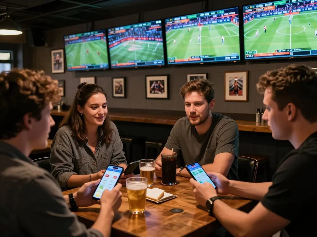 Engage in strategic sports betting at https://vin88.football/ with friends in a lively bar setting.