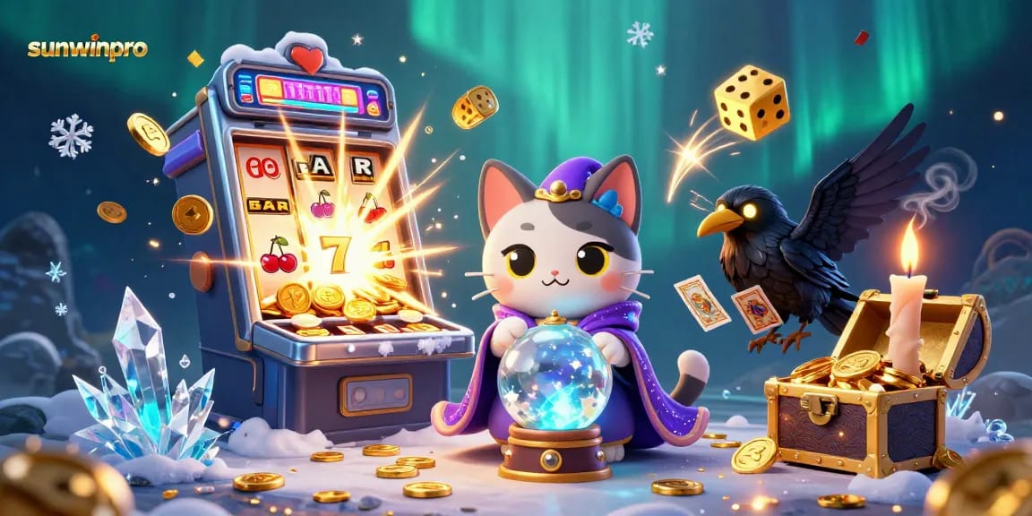 Experience the excitement of sunwinpro with a vibrant 3D illustration of a mystic cat, a raven, and an explosion of casino elements.