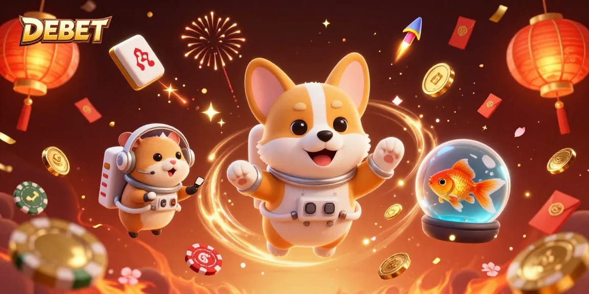 Engage with DEBET's thrilling online casino experience featuring animated characters and festive elements.