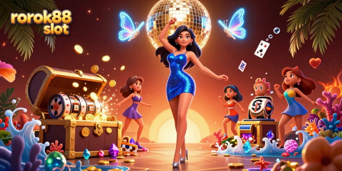 Experience the thrill of rokok88 slot with vibrant visuals of a dynamic casino scene featuring extravagant elements.