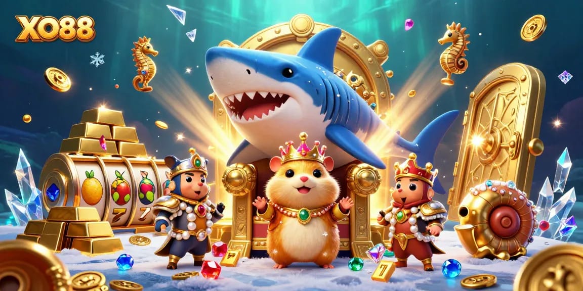 Spin the winning slots at XO88 Casino, featuring vibrant colors and whimsical characters in a treasure-filled scene.