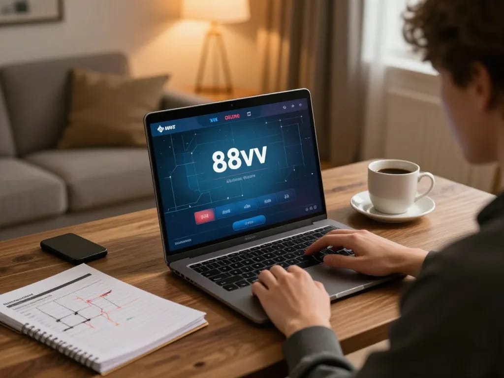 Engaging in online gambling on 88vv at a stylish home gaming setup.