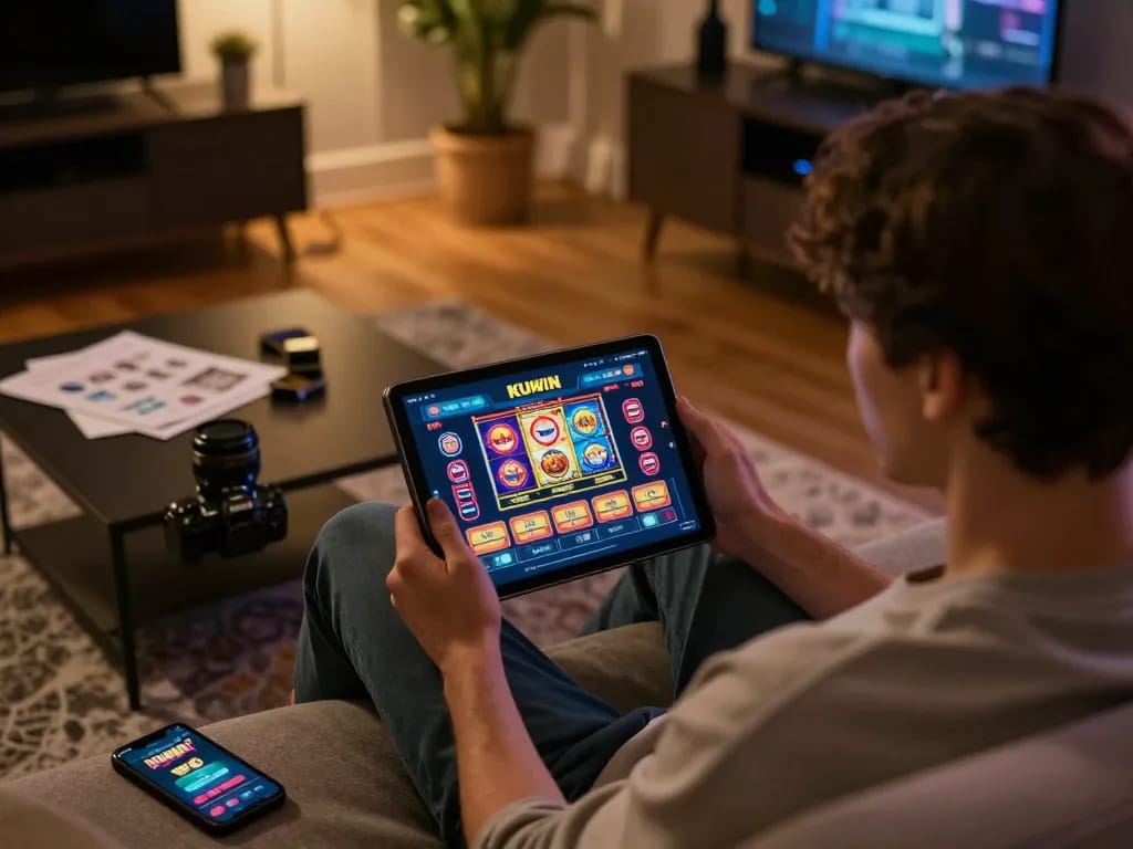 Kuwin betting action captured in a cozy home scene, showing a player engaged with online games on a tablet surrounded by strategy materials.