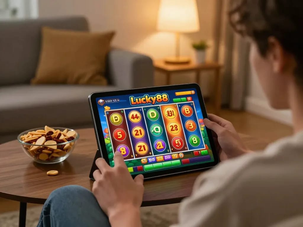 Player enjoying the Lucky88 slot game on a tablet at home, highlighting a relaxed gaming atmosphere.