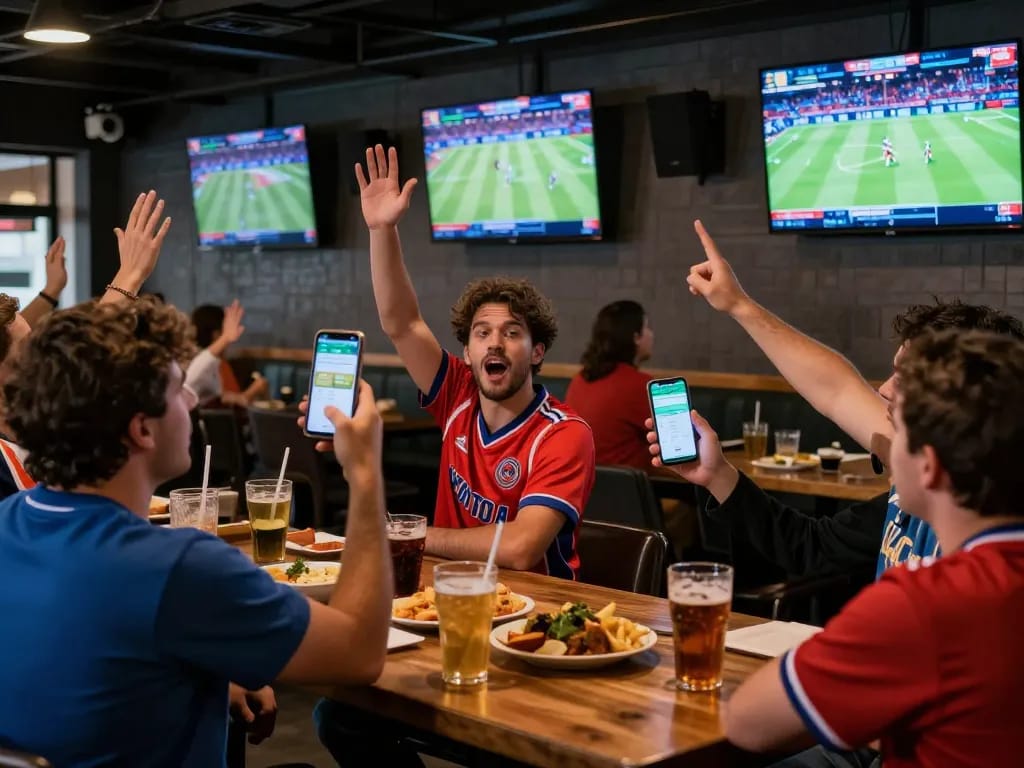 Spectators engaging in sports betting excitement with mobile apps while enjoying the atmosphere at a bar, focusing on soi keo nha cai