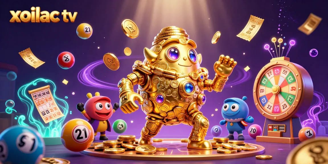 Xoilac TV engages players with vibrant lottery balls and a golem of coins, showcasing online gambling excitement.