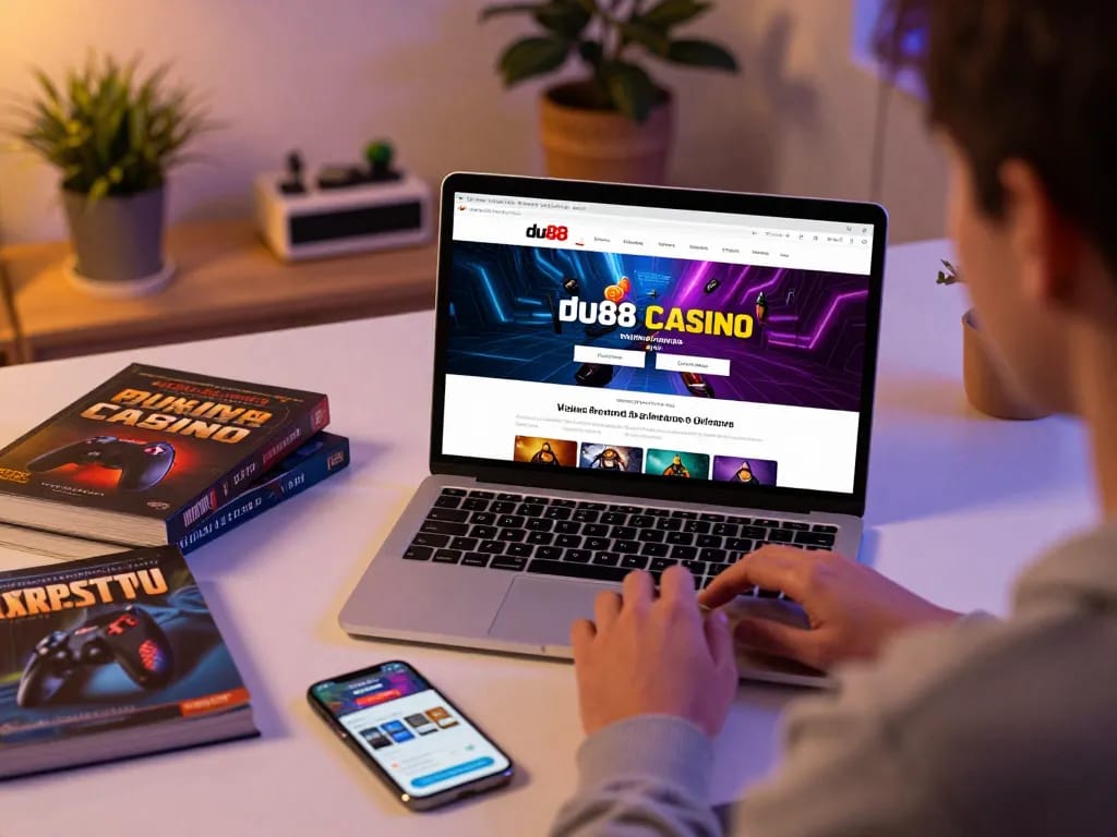 Engaging du88 online casino gameplay on a laptop in a cozy home setting.