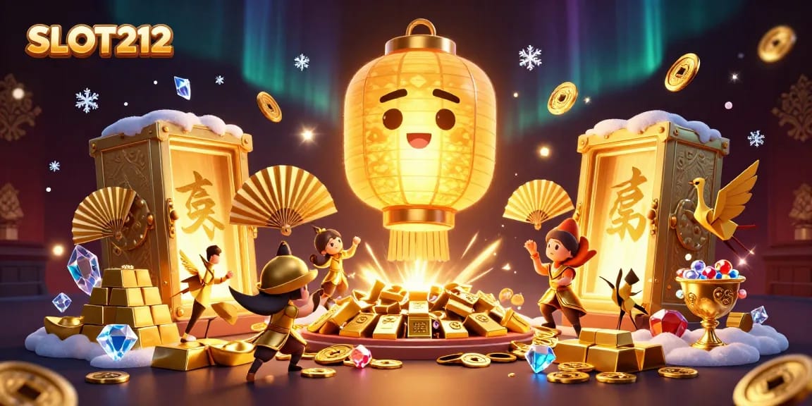 SLOT212 illuminates the casino night with golden treasures and lucky symbols in a vibrant 3D scene.