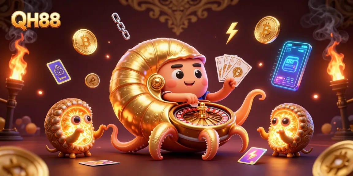 Experience thrilling gaming at QH88 with vibrant 3D casino illustration featuring a giant nautilus roulette.