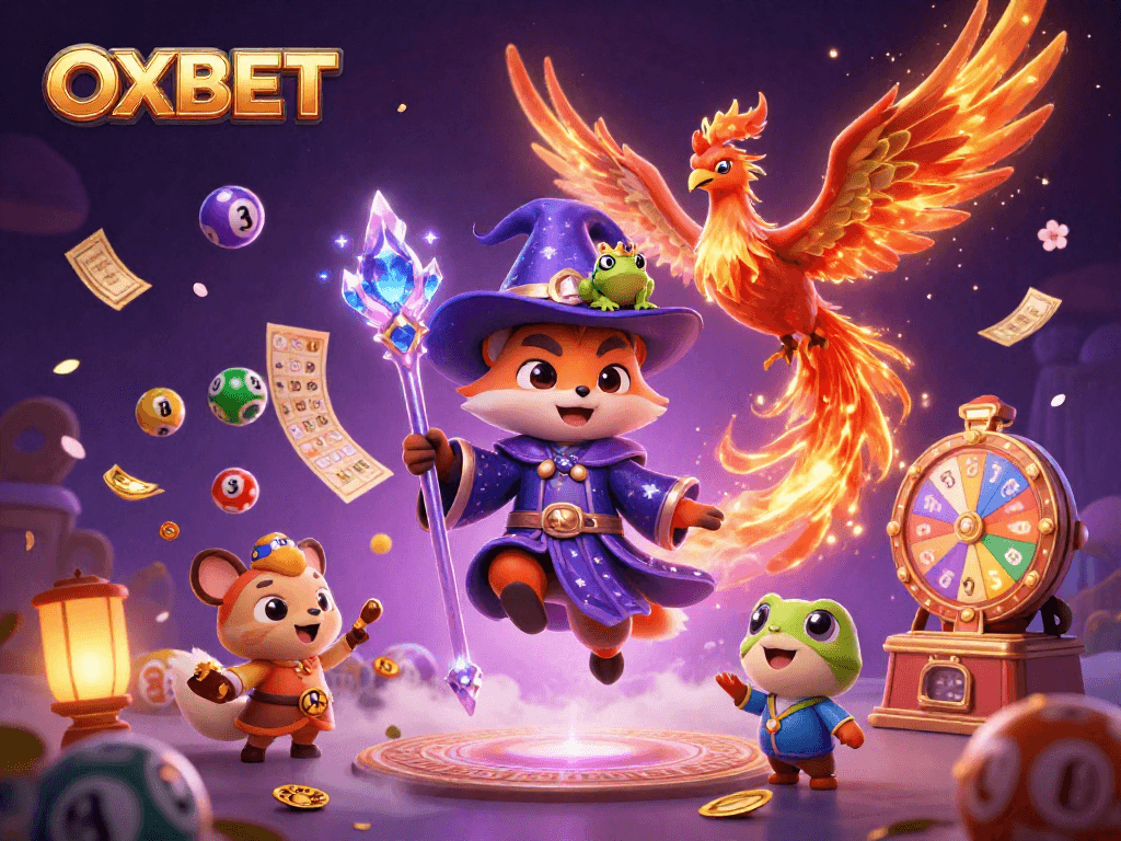Engage with OXBET's vibrant gaming scene featuring a wizard fox, phoenix, and lottery elements in a mystical atmosphere.