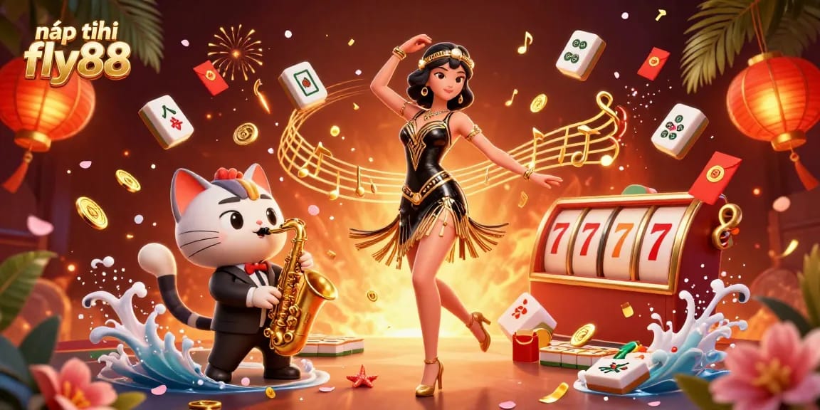 Engage in nạp tiền fly88 with vibrant casino action featuring dancing characters and slot visuals.