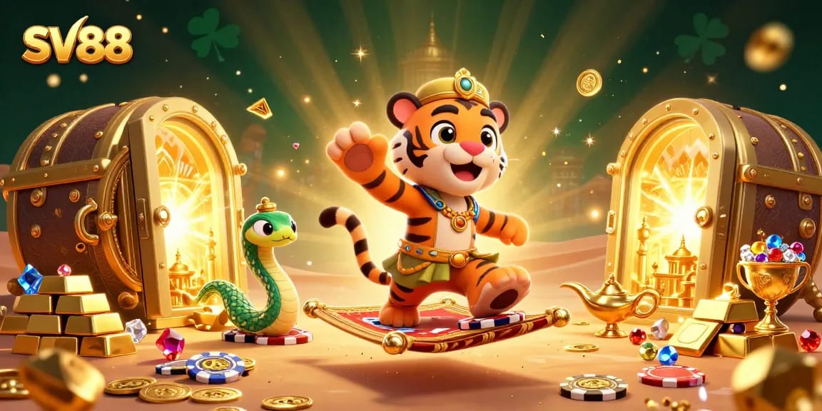 Engage in thrilling action at SV88 with a dazzling Arabian Nights-themed casino illustration.