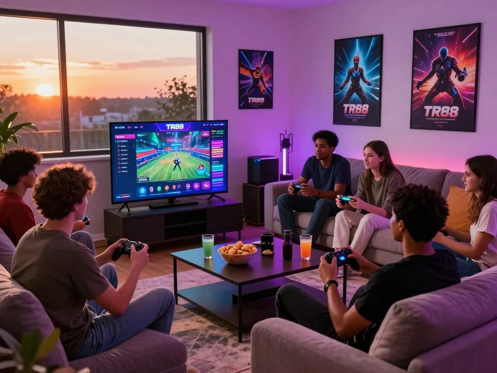 Friends enjoying online gaming on TR88 platform in a cozy living room.
