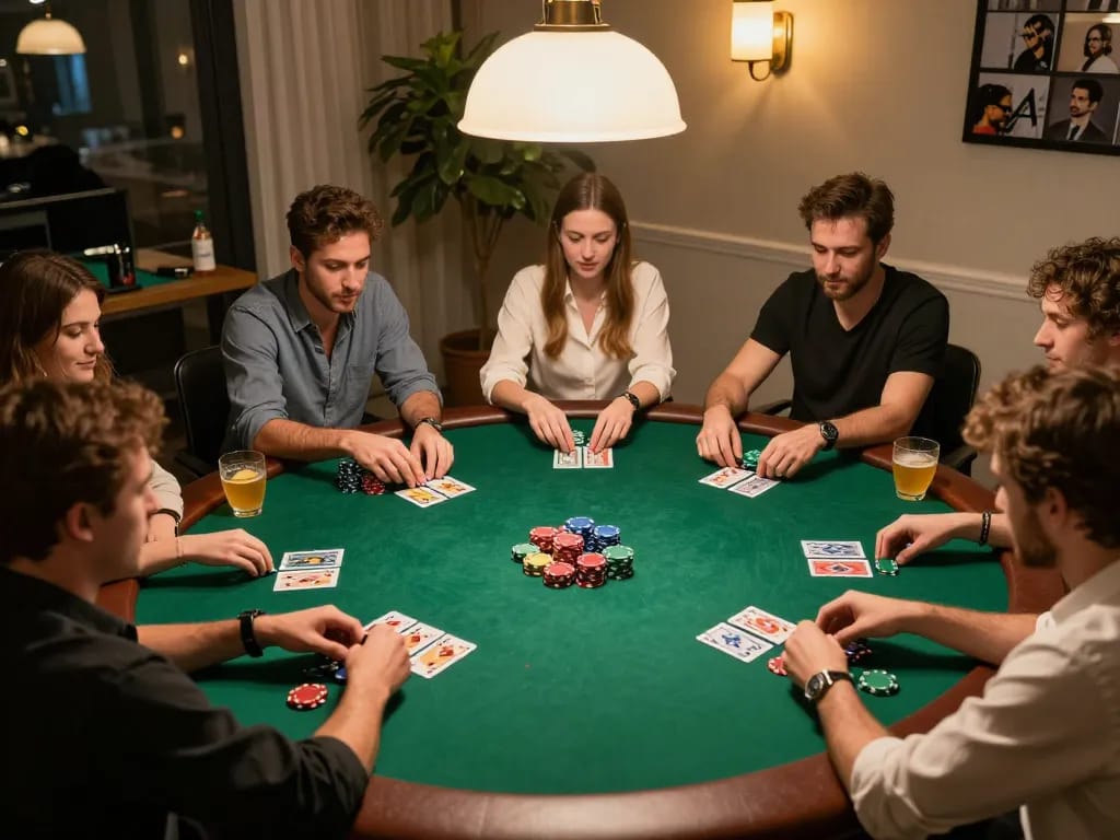 Players enjoy a competitive poker game at home, experiencing the thrill of mm88bet in an elegant setting.