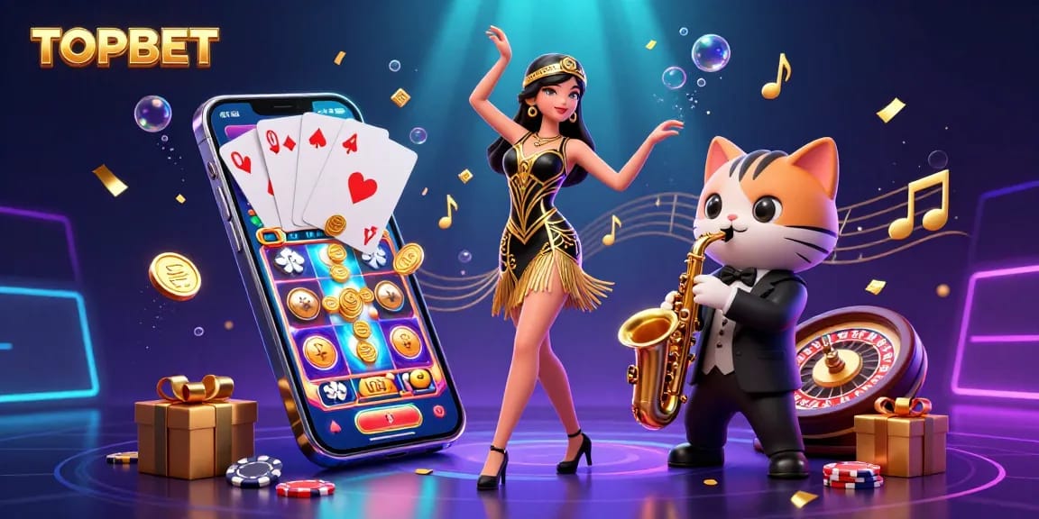 Experience exciting slot gameplay with TOPBET featuring vibrant reels, gold coins, and musical vibes.
