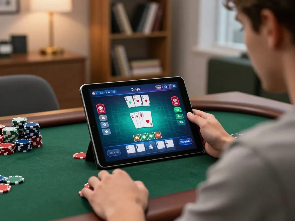 Engaging in online poker strategy with sunwin on a tablet in cozy home setting.