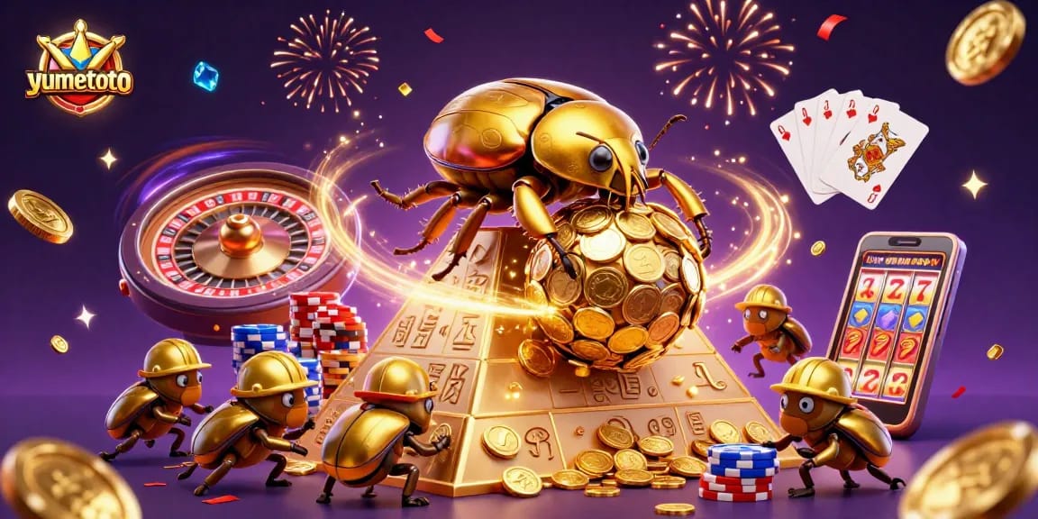 Experience yumetoto gaming excitement with golden beetles and casino elements rolling in action.