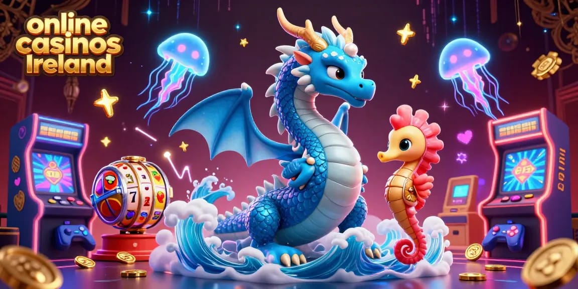 Experience vibrant online casinos Ireland with enchanting dragon and seahorse elements showcasing exciting gaming action.