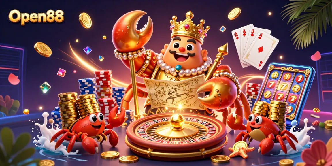 Open88 emperor crab overseeing a vibrant casino scene filled with gold coins, chips, and gaming elements.