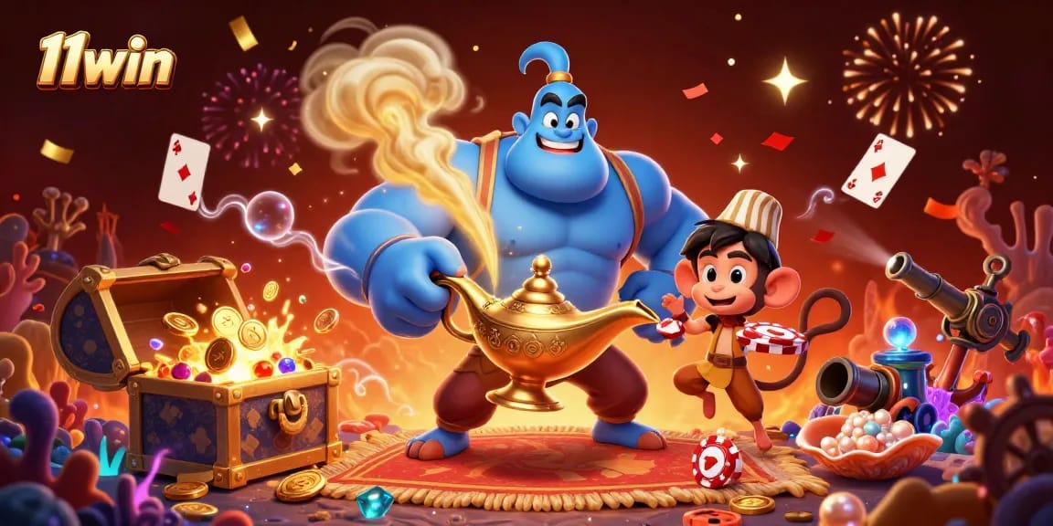 Experience the magic of winning at 11win with a dynamic casino-themed illustration.